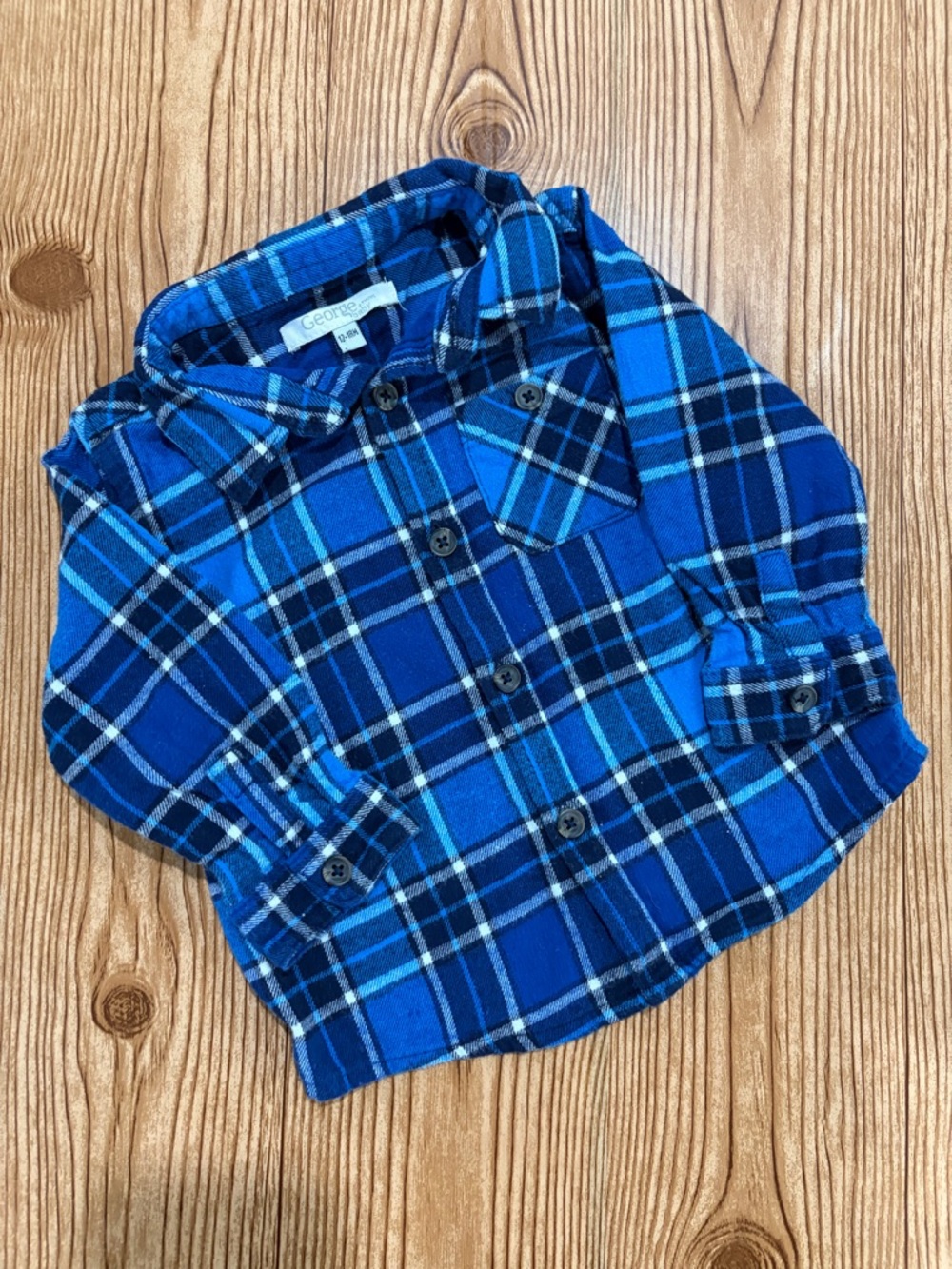 4/$20 George Blue Plaid Flannel Button-Up Shirt for Kids Cotton 12-18 Months